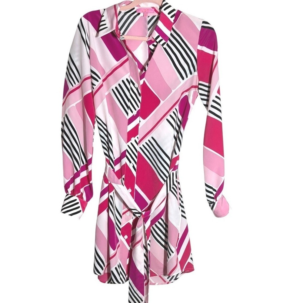 LDT Colorblock Abstract Shirtdress w self tie belt and pockets sz 4 EXCELLENT